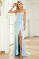 Load image into Gallery viewer, Mermaid Gliter Spaghetti Straps Blue Long Formal Dress with Slit