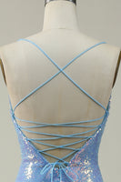 Load image into Gallery viewer, Lace-Up Back Sparkly Sequins Blue Long Formal Dress with Slit