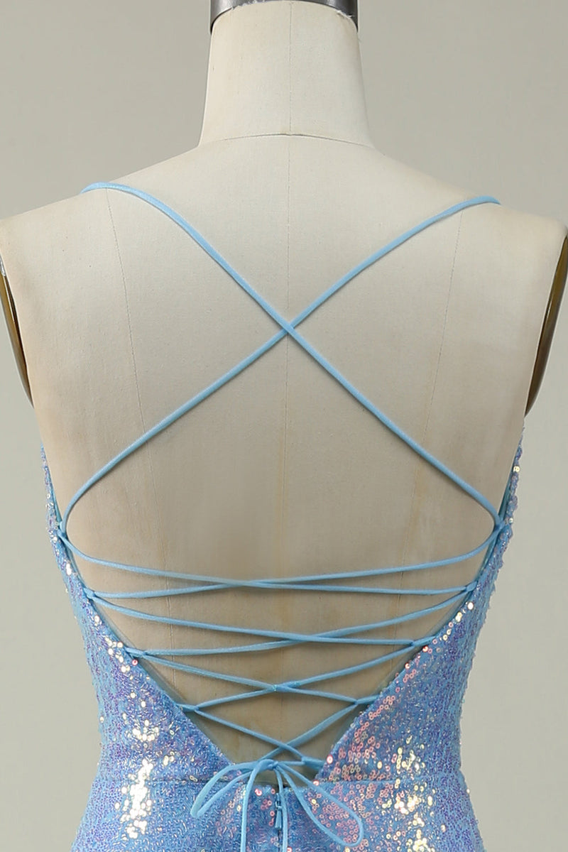 Load image into Gallery viewer, Lace-Up Back Sparkly Sequins Blue Long Formal Dress with Slit