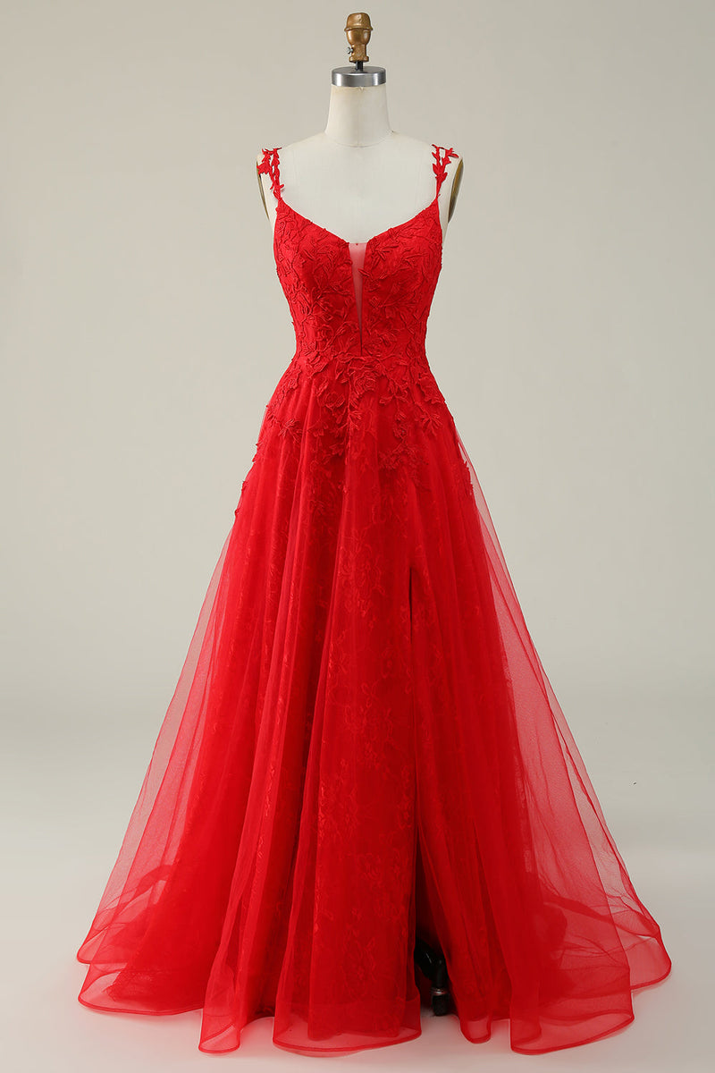 Load image into Gallery viewer, Tulle Spaghetti Straps Dark Green Long Formal Dress with Appliques