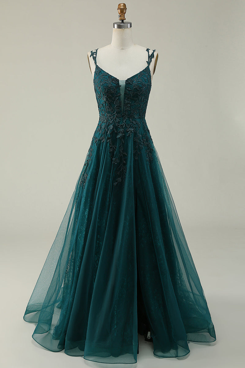 Load image into Gallery viewer, Tulle Spaghetti Straps Dark Green Long Formal Dress with Appliques
