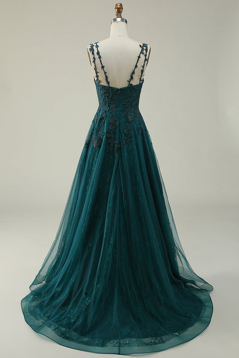 Load image into Gallery viewer, Tulle Spaghetti Straps Dark Green Long Formal Dress with Appliques