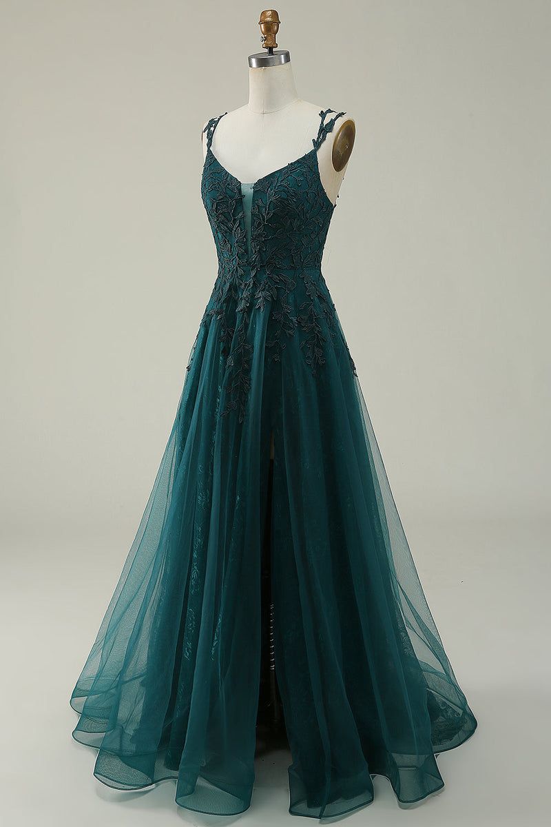Load image into Gallery viewer, Tulle Spaghetti Straps Dark Green Long Formal Dress with Appliques