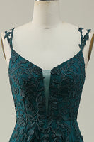 Load image into Gallery viewer, Tulle Spaghetti Straps Dark Green Long Formal Dress with Appliques