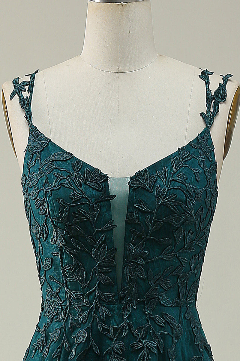 Load image into Gallery viewer, Tulle Spaghetti Straps Dark Green Long Formal Dress with Appliques