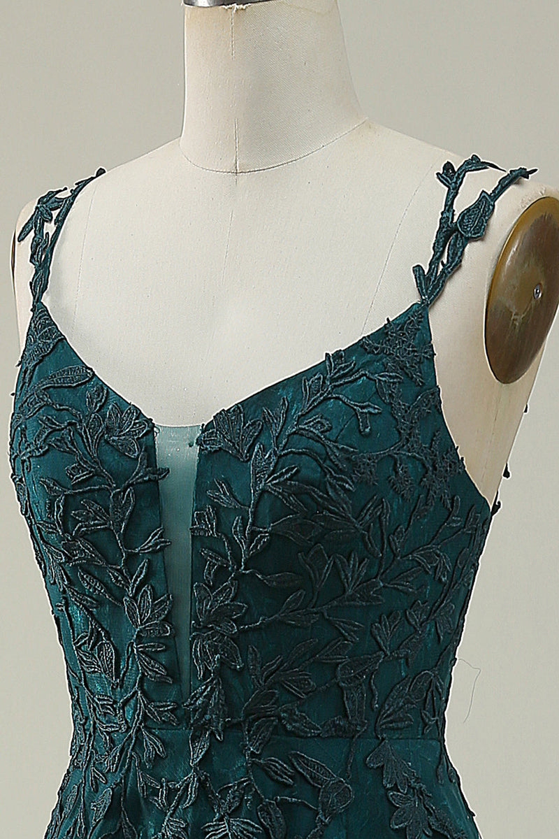 Load image into Gallery viewer, Tulle Spaghetti Straps Dark Green Long Formal Dress with Appliques