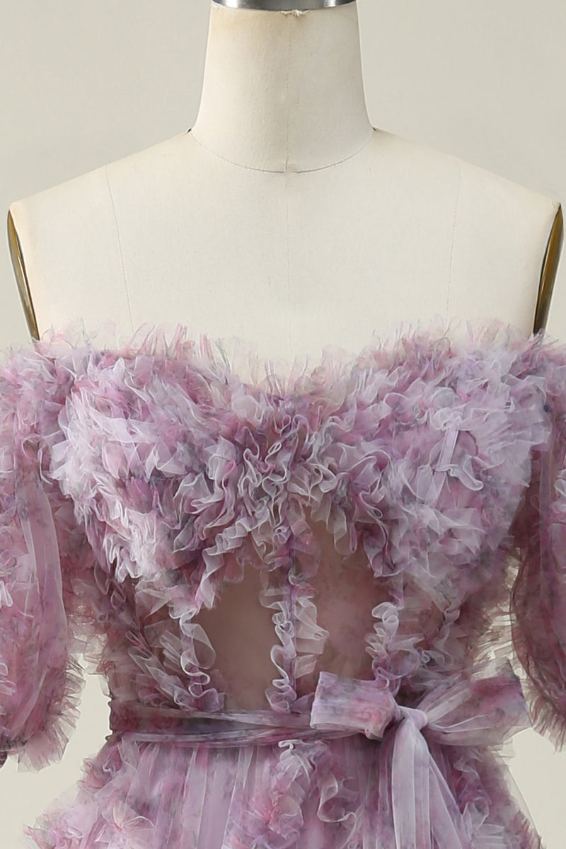 Load image into Gallery viewer, Off The Shoulder Tulle Printed Purple Long Formal Dress