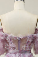 Load image into Gallery viewer, Off The Shoulder Tulle Printed Purple Long Formal Dress