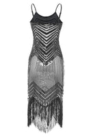 Load image into Gallery viewer, Spaghetti Straps Black Silver 1920s Dress