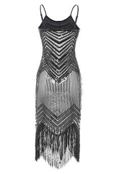 Spaghetti Straps Black Silver 1920s Dress
