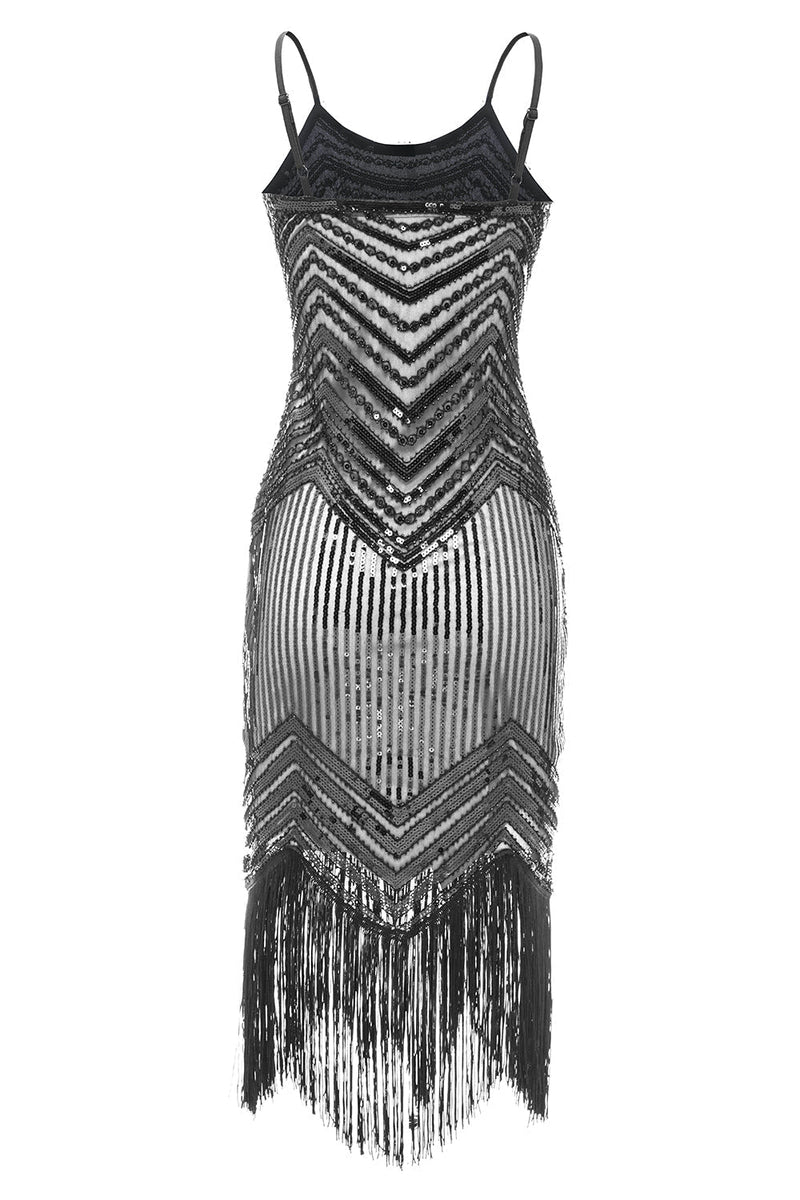 Load image into Gallery viewer, Spaghetti Straps Black Silver 1920s Dress