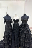 Load image into Gallery viewer, Glitter Black A-Line Lace Long Formal Dress with Slit