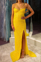 Load image into Gallery viewer, Sparkly Yellow Sheath Long Formal Dress With Slit