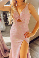 Load image into Gallery viewer, Glitter Blush Mermaid V Neck Long Formal Dress With Slit
