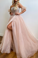 Load image into Gallery viewer, Sparkly Blue Beaded Detachable Short Sleeves A-Line Long Formal Dress with Slit