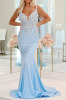 Load image into Gallery viewer, Light Blue Mermaid Long Formal Dress With Appliques