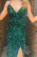 Load image into Gallery viewer, Sparkly Dark Green Mermaid Sequins Long Formal Dress with Slit