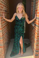 Load image into Gallery viewer, Sparkly Dark Green Mermaid Sequins Long Formal Dress with Slit