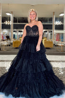 Load image into Gallery viewer, Sparkly Fuchsia Tulle Tiered Corset Long Formal Dress with Lace