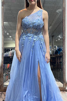 Load image into Gallery viewer, Blue A Line One Shoulder Long Corset Formal Dress With Appliques