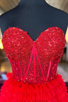 Load image into Gallery viewer, Sparkly Fuchsia Tulle Tiered Corset Long Formal Dress with Lace