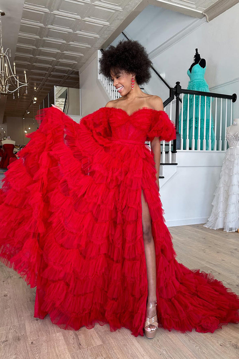 Load image into Gallery viewer, Red Off the Shoulder Tiered Ruffled Long Formal Dress with Slit