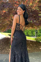 Load image into Gallery viewer, Black Mermaid Lace Long Corset Formal Dress with Slit