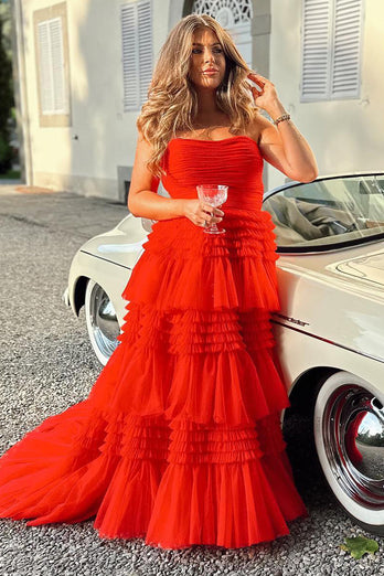 Glitter Beige Strapless Tulle Long Tiered Formal Dress with Slit