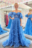 Load image into Gallery viewer, Blue A-Line Corset Long Tulle Floral Formal Dress with Ruffles