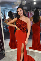 Load image into Gallery viewer, Sparkly Red Mermaid One Shoulder Long Mirror Formal Dress With Slit