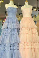 Load image into Gallery viewer, Glitter Beige Strapless Tulle Long Tiered Formal Dress with Slit