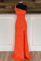 Load image into Gallery viewer, Sheath One Shoulder Orange Sequins Long Formal Dress