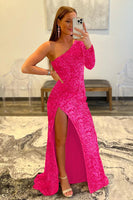 Load image into Gallery viewer, Fuchsia One Shoulder Mermaid Sequins Long Formal Dress