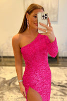 Load image into Gallery viewer, Fuchsia One Shoulder Mermaid Sequins Long Formal Dress