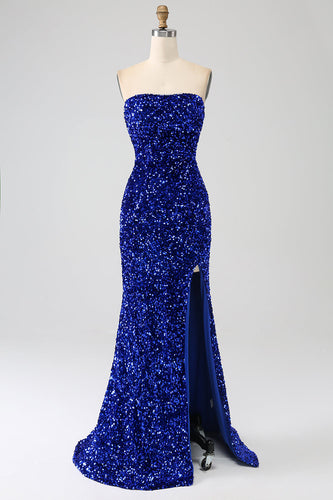 Royal Blue Strapless Sequins Long Mermaid Formal Dress With Slit