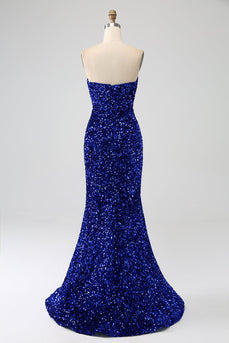 Royal Blue Strapless Sequins Long Mermaid Formal Dress With Slit