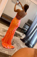 Load image into Gallery viewer, Sparkly Orange Sequin Sweetheart Lace-Up Back Long Formal Dress