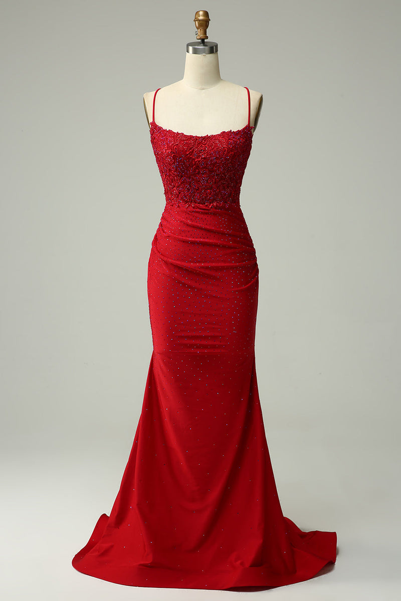 Load image into Gallery viewer, Dark Green Spaghetti Straps Mermaid Long Formal Dress with Appliques