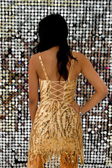 Sparkly Golden Spaghetti Straps Sequins Tight Short Cocktail Dress with Fringes