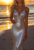 Load image into Gallery viewer, Sparkly Silver Sequin Backless Mermaid Long Formal Dress