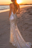 Load image into Gallery viewer, Sparkly Silver Sequin Spaghetti Straps Mermaid Long Formal Dress