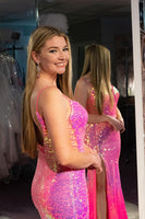 Load image into Gallery viewer, Sparkly Fuchsia Mermaid Long Sequined Formal Dress With Slit