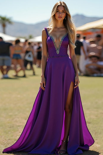 Dark Purple Beaded A-Line Long Formal Dress with Slit