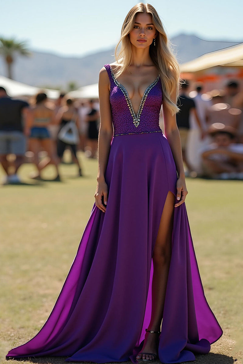 Load image into Gallery viewer, Dark Purple Beaded A-Line Long Formal Dress with Slit