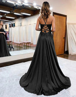 Load image into Gallery viewer, Dark Green Satin A-Line Appliques Formal Dress with Slit