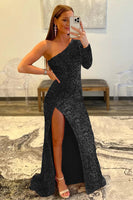 Load image into Gallery viewer, Golden One Shoulder Sequined Formal Dress