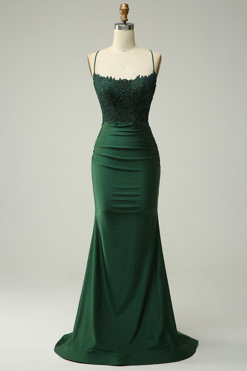 Load image into Gallery viewer, Zapaka Women Dark Green Long Formal Dress Mermaid Halter Evening Dress with Appliques Beading