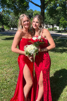 Load image into Gallery viewer, Sparkly Red Sheath Corset Long Formal Dress with Lace