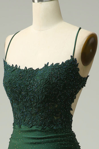 Dark Green Spaghetti Straps Mermaid Long Formal Dress with Appliques