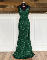 Load image into Gallery viewer, Sheath Spaghetti Straps Red Sequins Formal Dress with Split Front